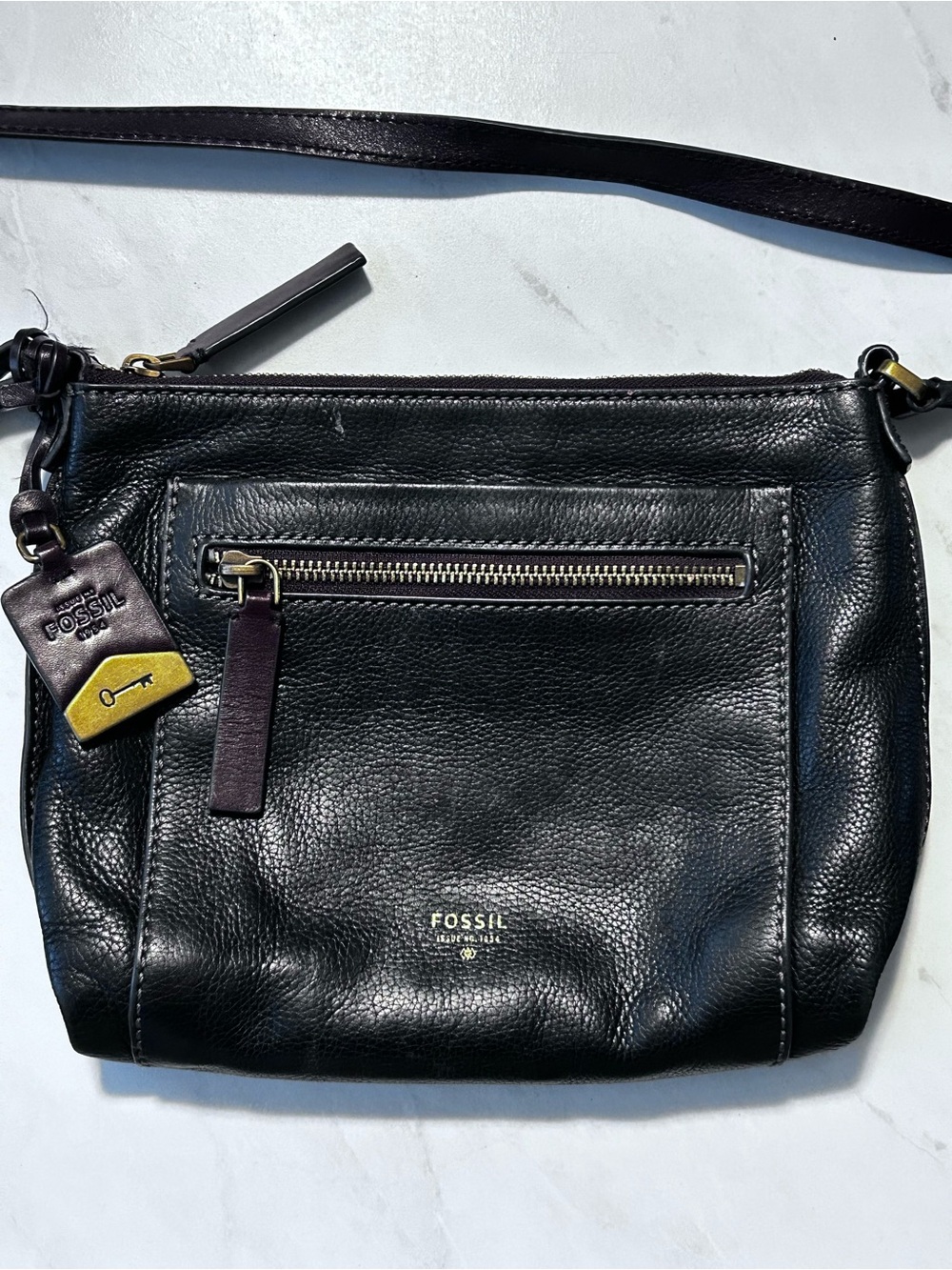 Fossil Black Leather Crossbody with Gold Accents